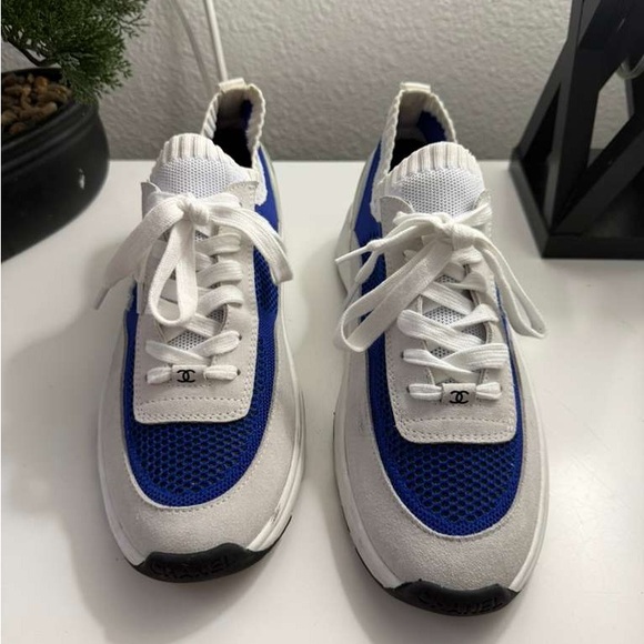 CHANEL Women's Blue and Cream Sneakers - Picture 6 of 9